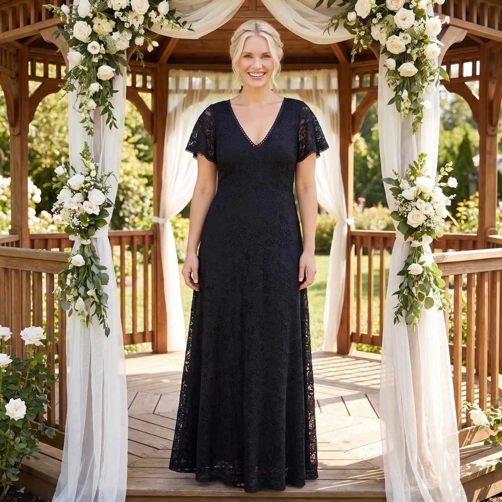 Torrid Lace Maxi Dress Womens 12 Black V Neck Flutter Sleeve Formal Cocktail